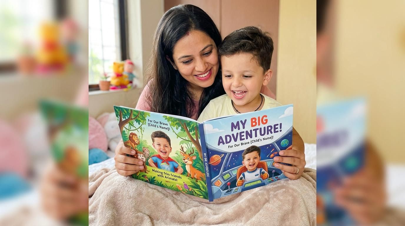 Personalized children's book with cartoon face swap — mother and child reading My Big Adventure