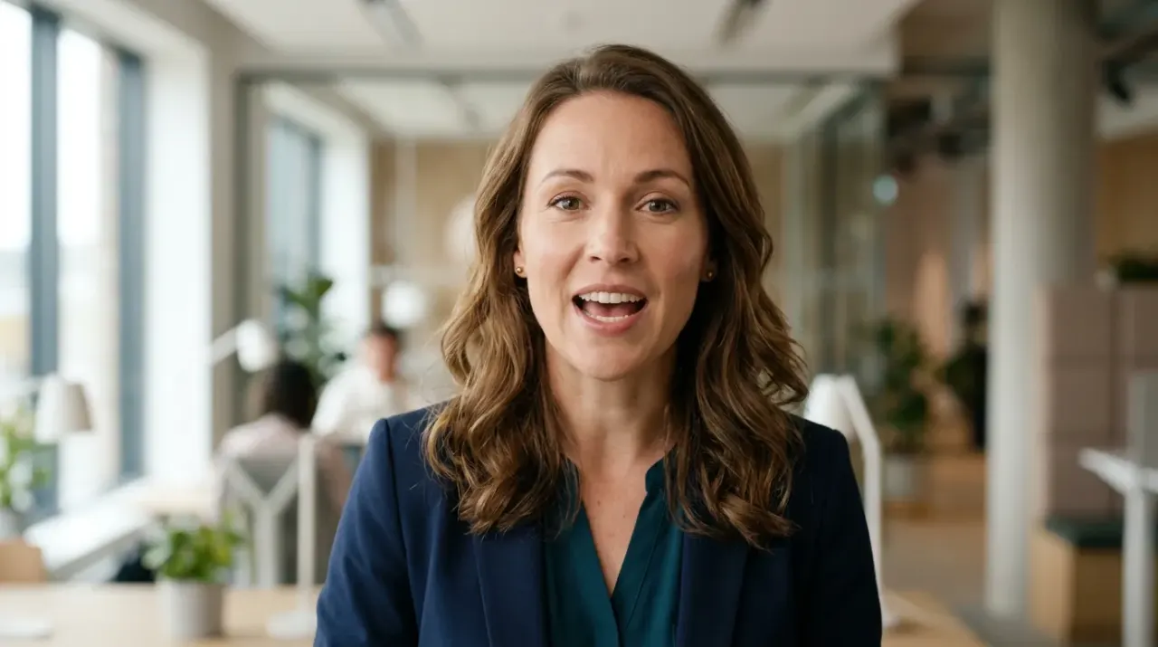 Close-up of an AI presenter speaking to camera in an office setting