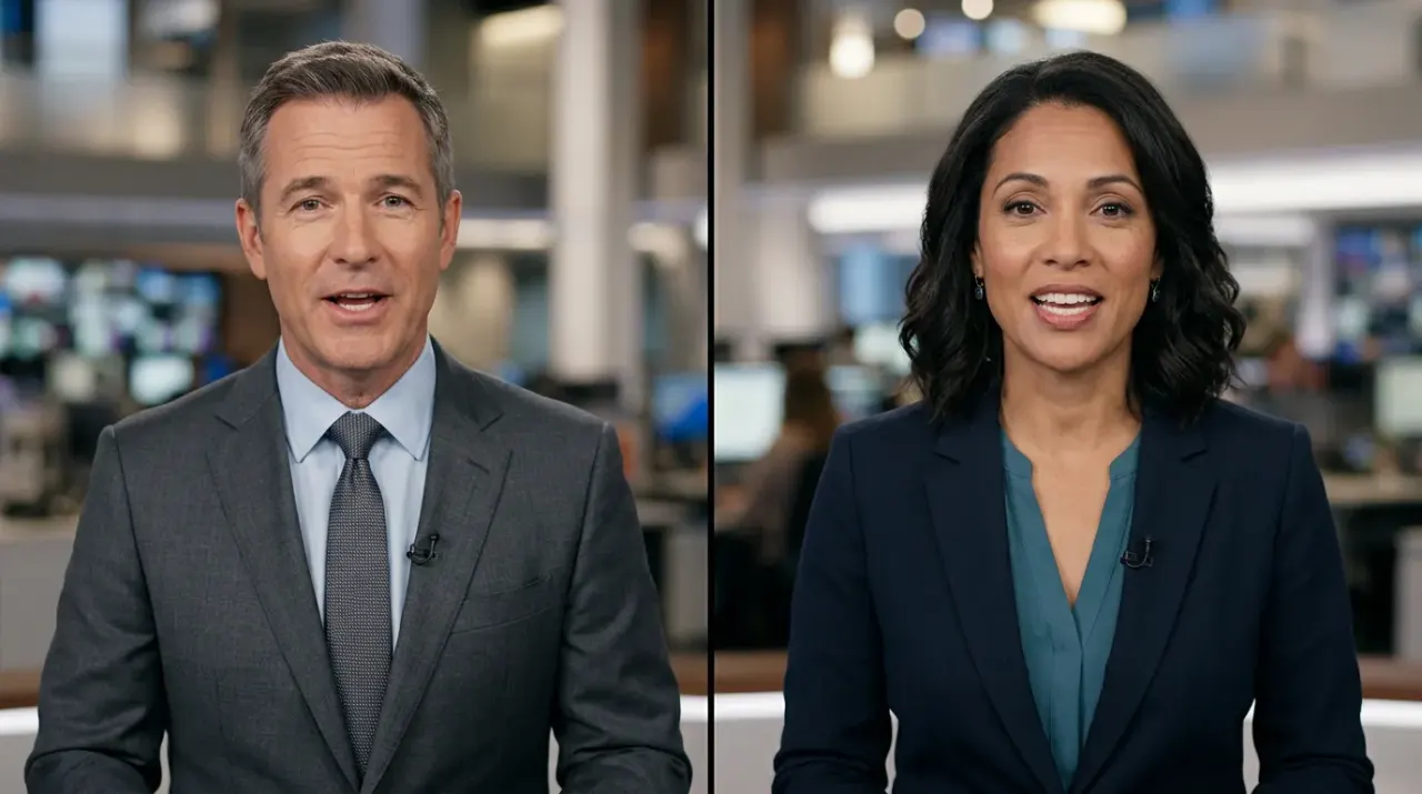 Two AI presenters shown side by side, both speaking