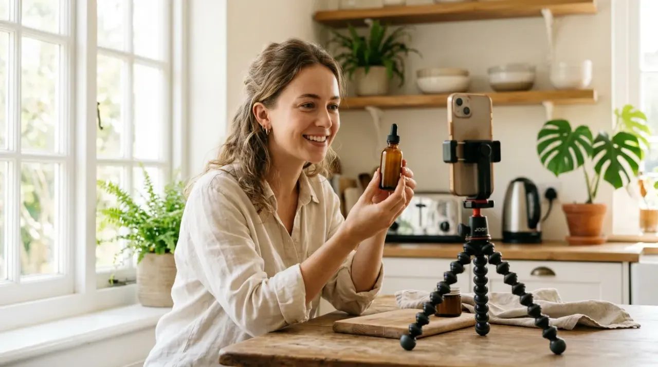 Creator filming a vertical UGC-style product video on a phone in a home kitchen