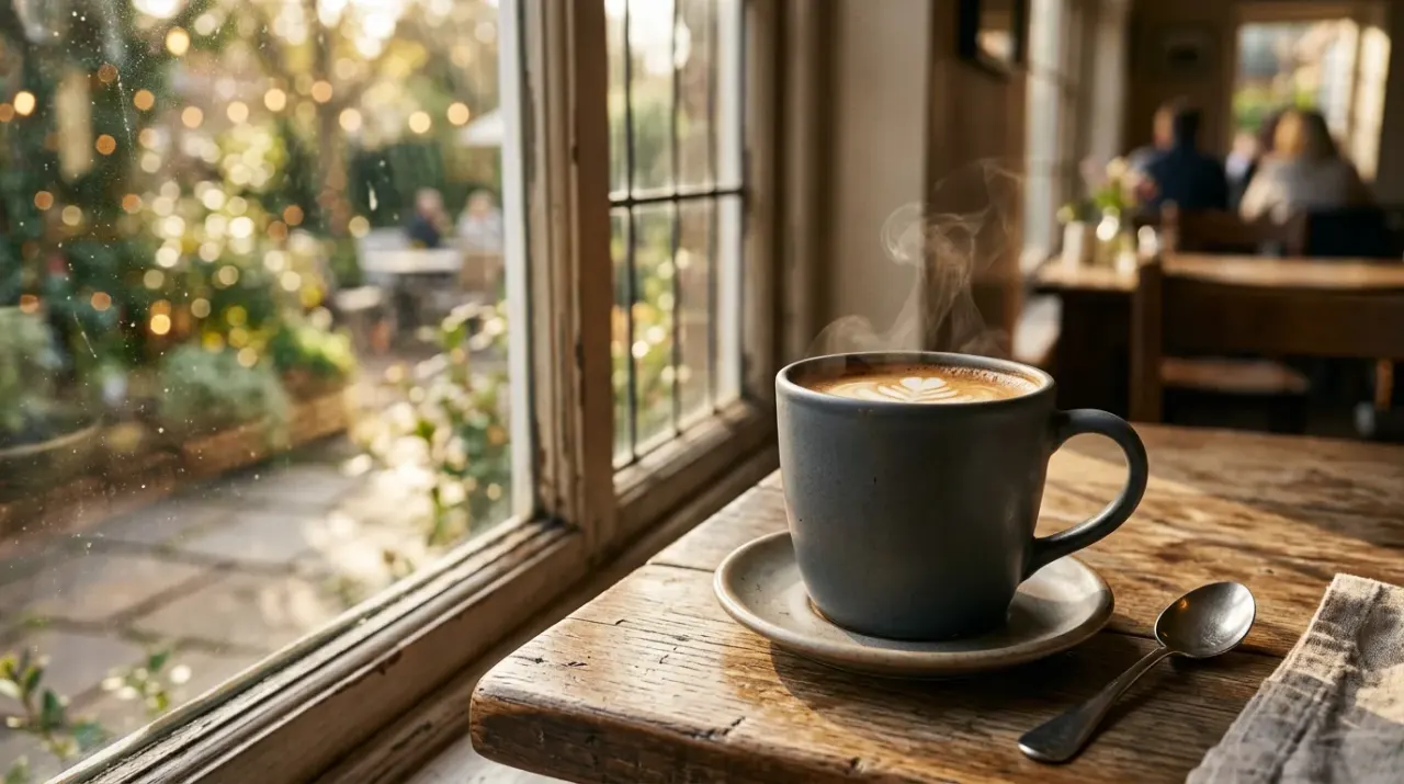 The same mug placed in a warm lifestyle cafe setting with steam rising