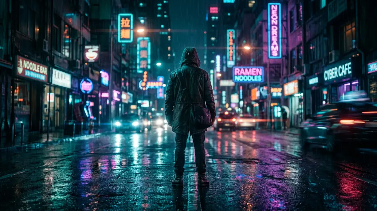 Cinematic concept frame of a hooded figure on a neon rainy street