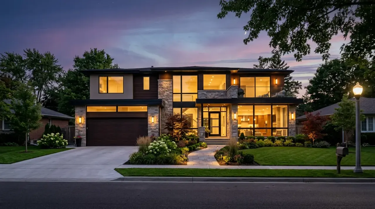 Modern home exterior photographed at twilight with warm lights on